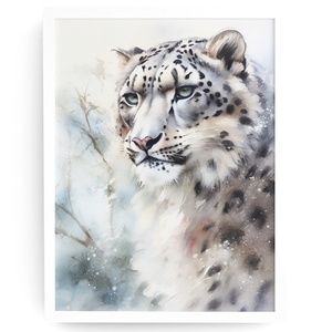 Watercolor Snow Leopard Portrait Wall Art Illustration Print Poster Unframed